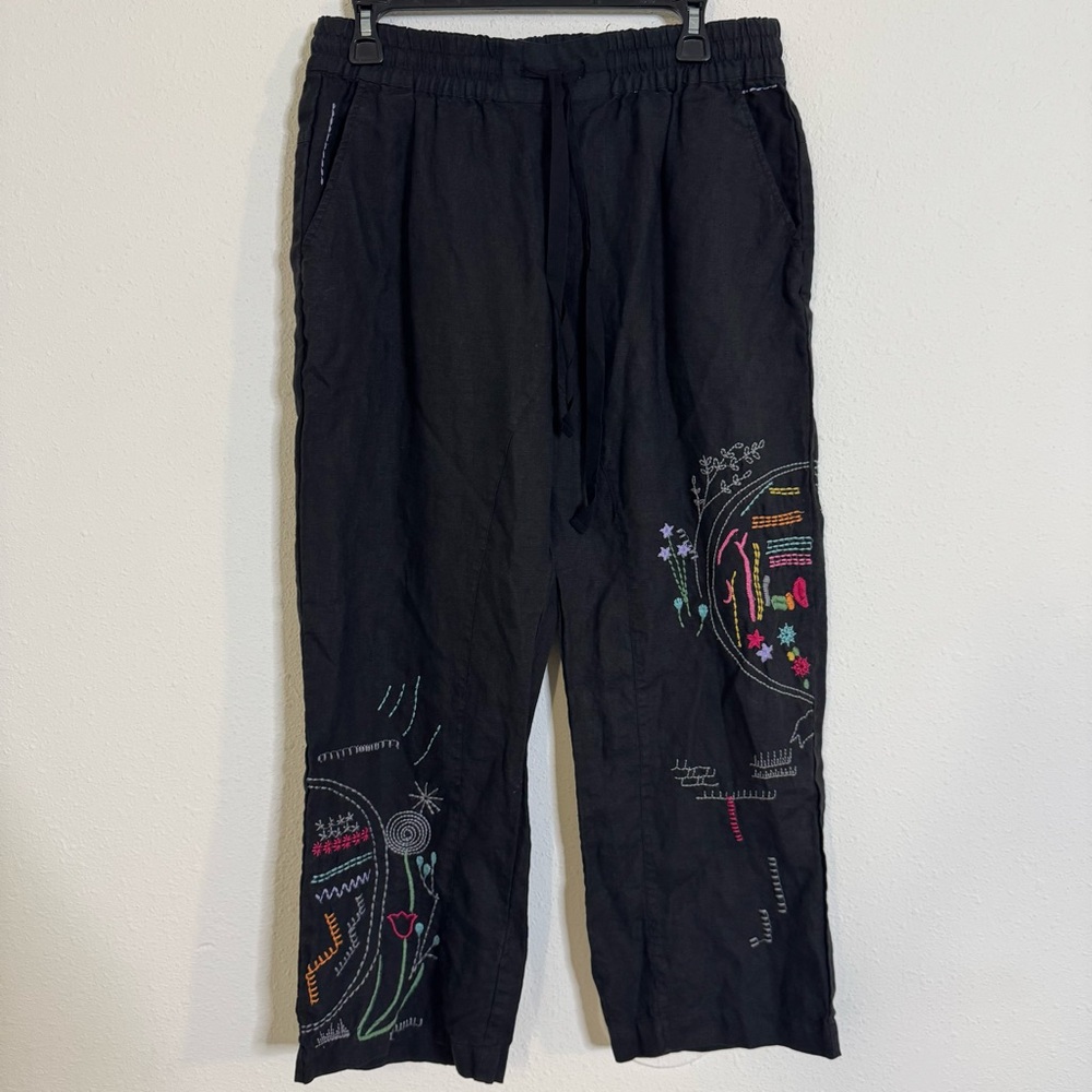 Johnny Was Black Cropped Embroidered Drawstring Pants - Picture 2 of 6
